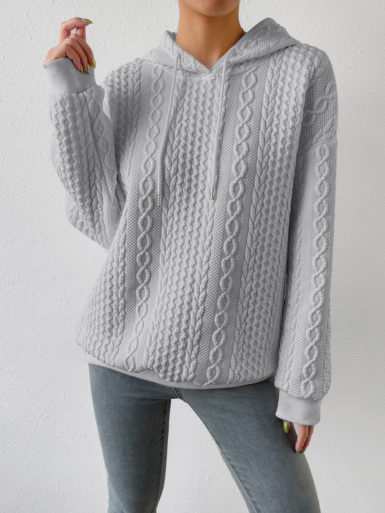 Cable Textured Drop Shoulder Drawstring Hoodie - Seldom Seen Styles