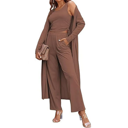 Cozy New Ekouaer Women's 3 Piece Knit Lounge Set Long Sleeve Cardigan Sleeveless Top Pants Sweatsuit S-XXL