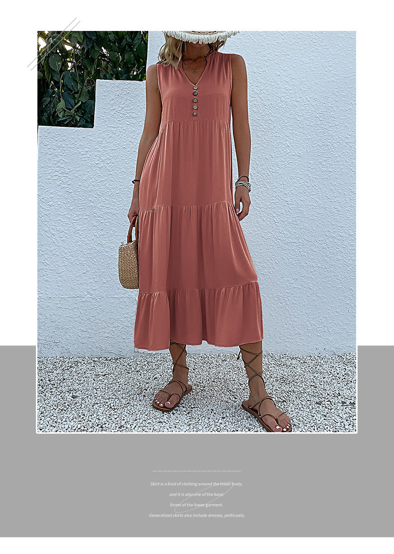 Summer Flowy Maxi Dress with Pockets Sleeveless Loose Casual Sundress V-Neck Tiered Sun Dress for Beach Cruise Vacations