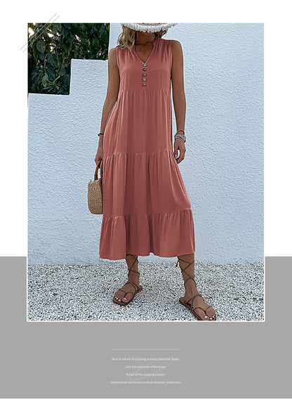 Summer Flowy Maxi Dress with Pockets Sleeveless Loose Casual Sundress V-Neck Tiered Sun Dress for Beach Cruise Vacations
