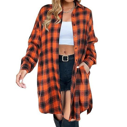 Women's Button Down Flannel Shirts Plaid Shacket Long Sleeve Collared Long Jacket Coats #Springtok - Seldom Seen Styles