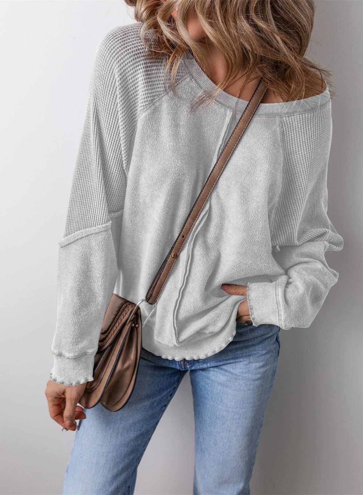 Women's Cotton Waffle Knit Casual Crew Neck Long Sleeve Back Seam Pullover Sweatshirt - Seldom Seen Styles