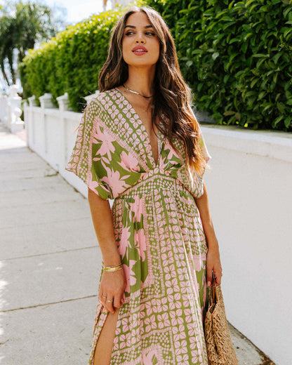 Women's Floral Print Split Thigh Long Dress, Boho Deep V Neck Batwing Sleeve A Line Sundress, Dresses for Women, Summer Dresses 2024, Back To School Clothes, Ladies Summer Clothes, Dresses for Women - Seldom Seen Styles