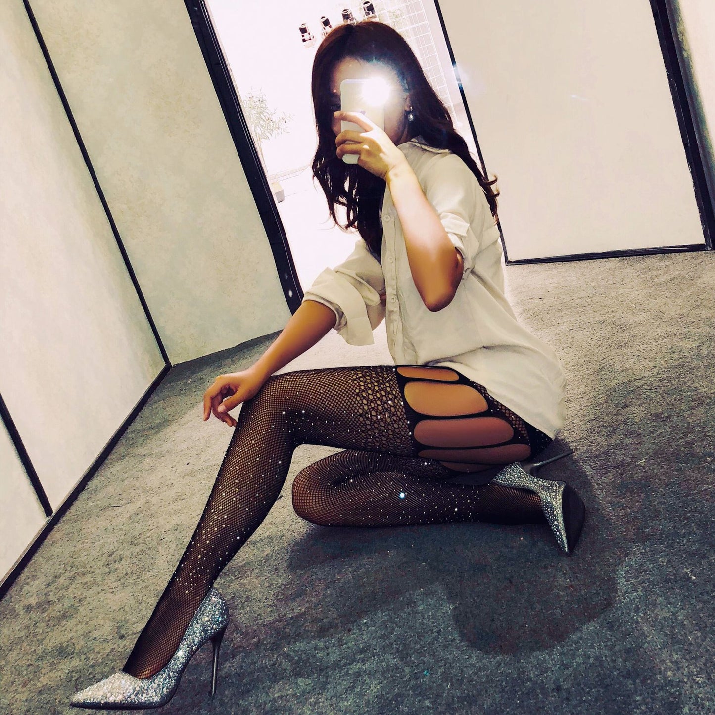 Sexy Lingerie with Rhinestones, Four-Sided Open Crotch Stockings, Garter Bikini Set, Fishnet Tights, Base Stockings W48 - Seldom Seen Styles