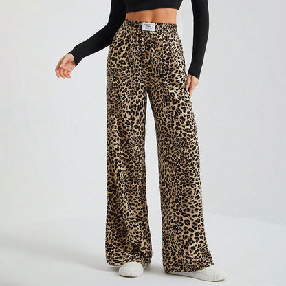Women's Letter Leopard Print Straight Leg Pants Elastic Waist Y2K Trousers Bottoms with Pockets - Seldom Seen Styles