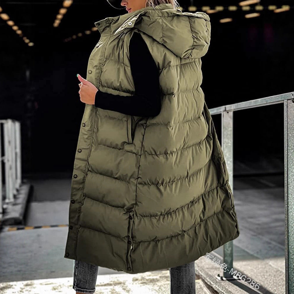 Women's Long Puffer Vest with Quilted Hood and Button Down Closure for Winter Coat 2025 - Tops, Womenswear - Seldom Seen Styles