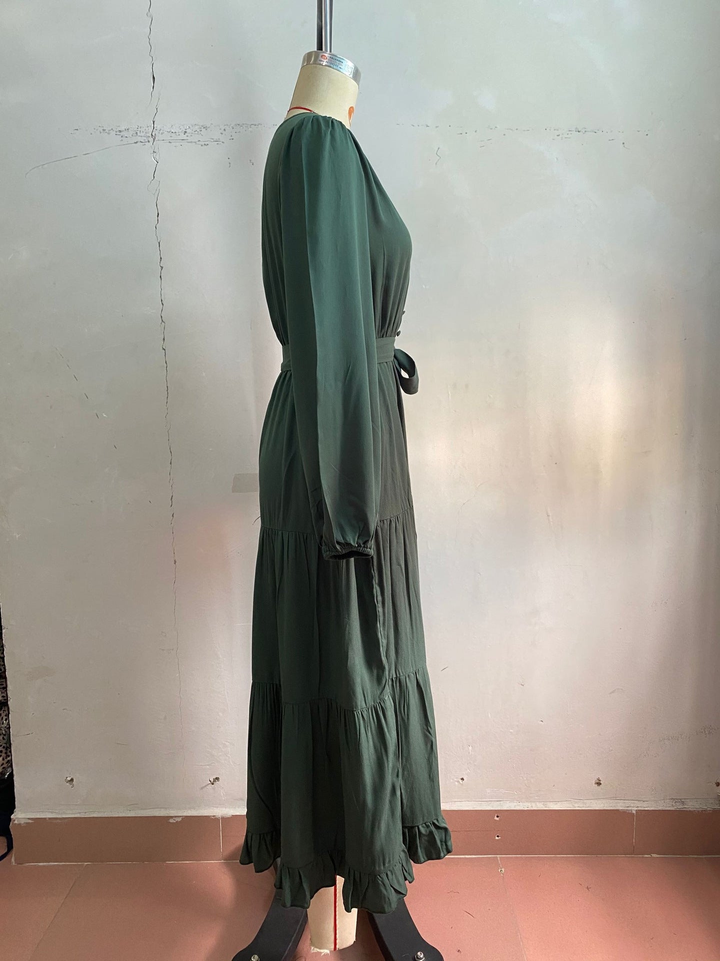 Women's Spring Dresses 2025 Long Sleeve V Neck Button Down Belted A-Line Flowy Ruffle Maxi Shirt Dress Pockets