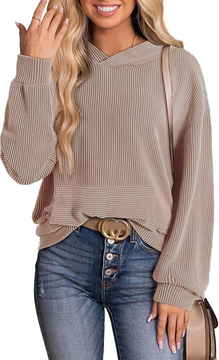 Women's Pullover Hoodies Sweatshirts Casual Loose Long Sleeve Ribbed Knit Shirts - Seldom Seen Styles