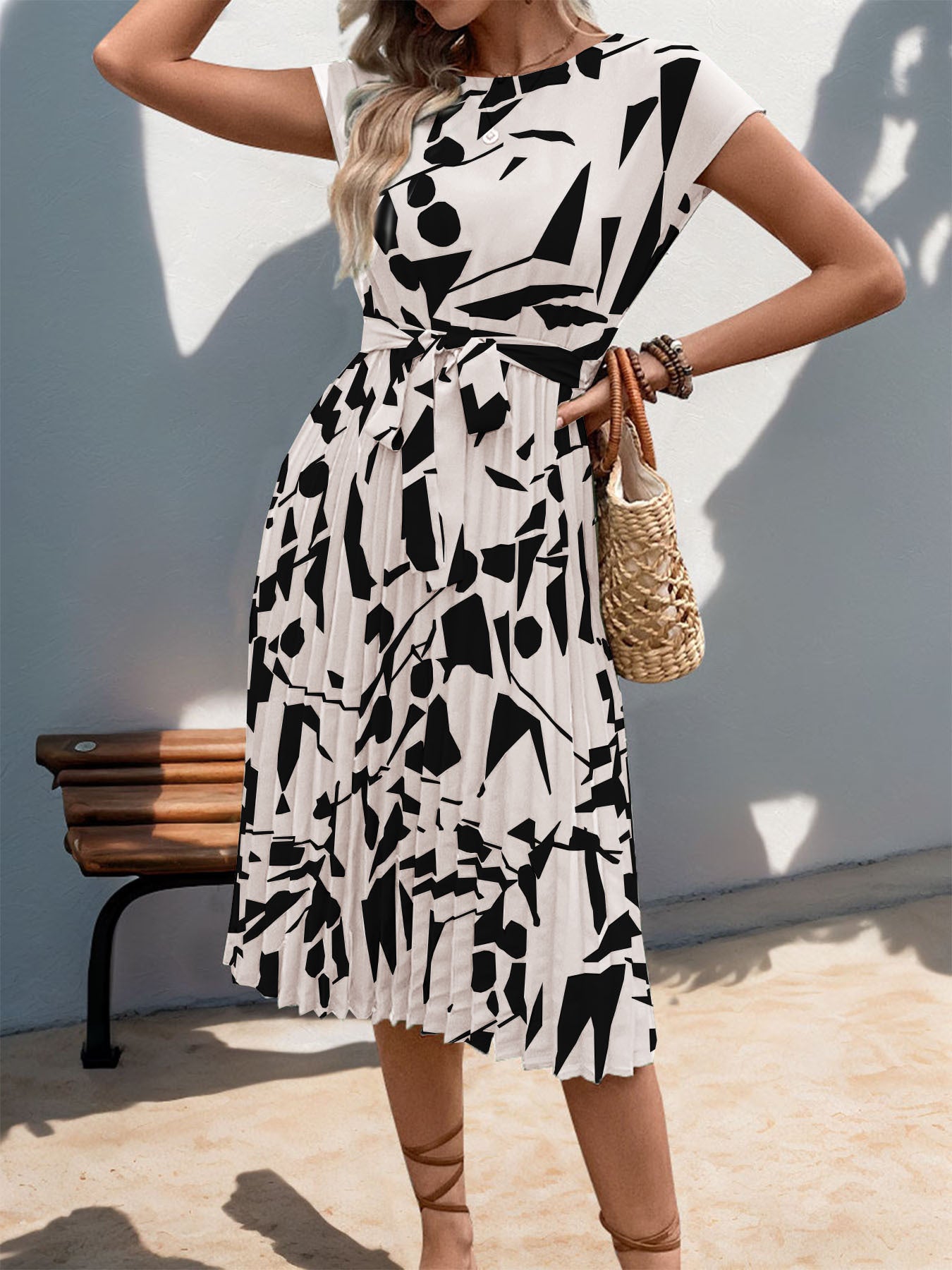 Floral Dress for Women Wedding Guest Crewneck Short Sleeve Casual Summer Dress Tie Waist Midi Flowy Boho Beach Dresses