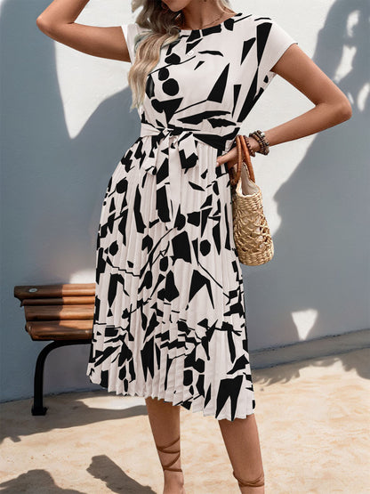 Floral Dress for Women Wedding Guest Crewneck Short Sleeve Casual Summer Dress Tie Waist Midi Flowy Boho Beach Dresses