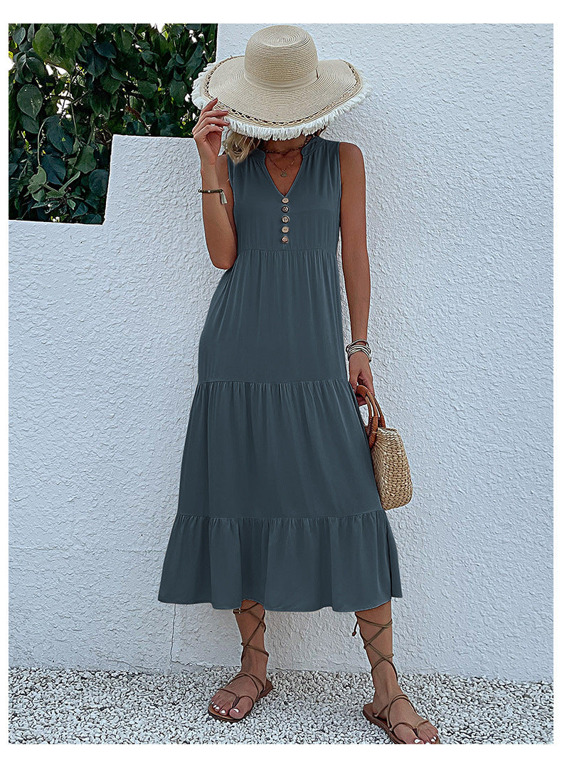 Summer Flowy Maxi Dress with Pockets Sleeveless Loose Casual Sundress V-Neck Tiered Sun Dress for Beach Cruise Vacations