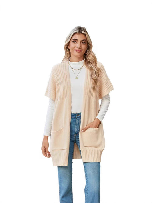2025 Women’s Going Tops Trend – Oversized Lightweight Open-Front Pleated Short-Sleeve Knitwear Knit Cardigan Sweater, Casual Summer Outerwear & Womenswear Layering Piece in Multiple Colors - Seldom Seen Styles