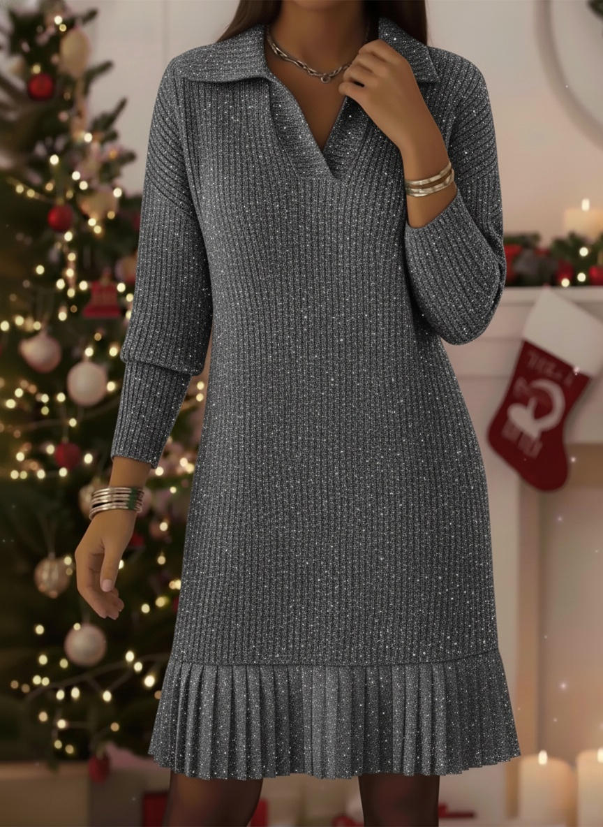 Women's Elegant Polo Neck Shimmering Knit Dress