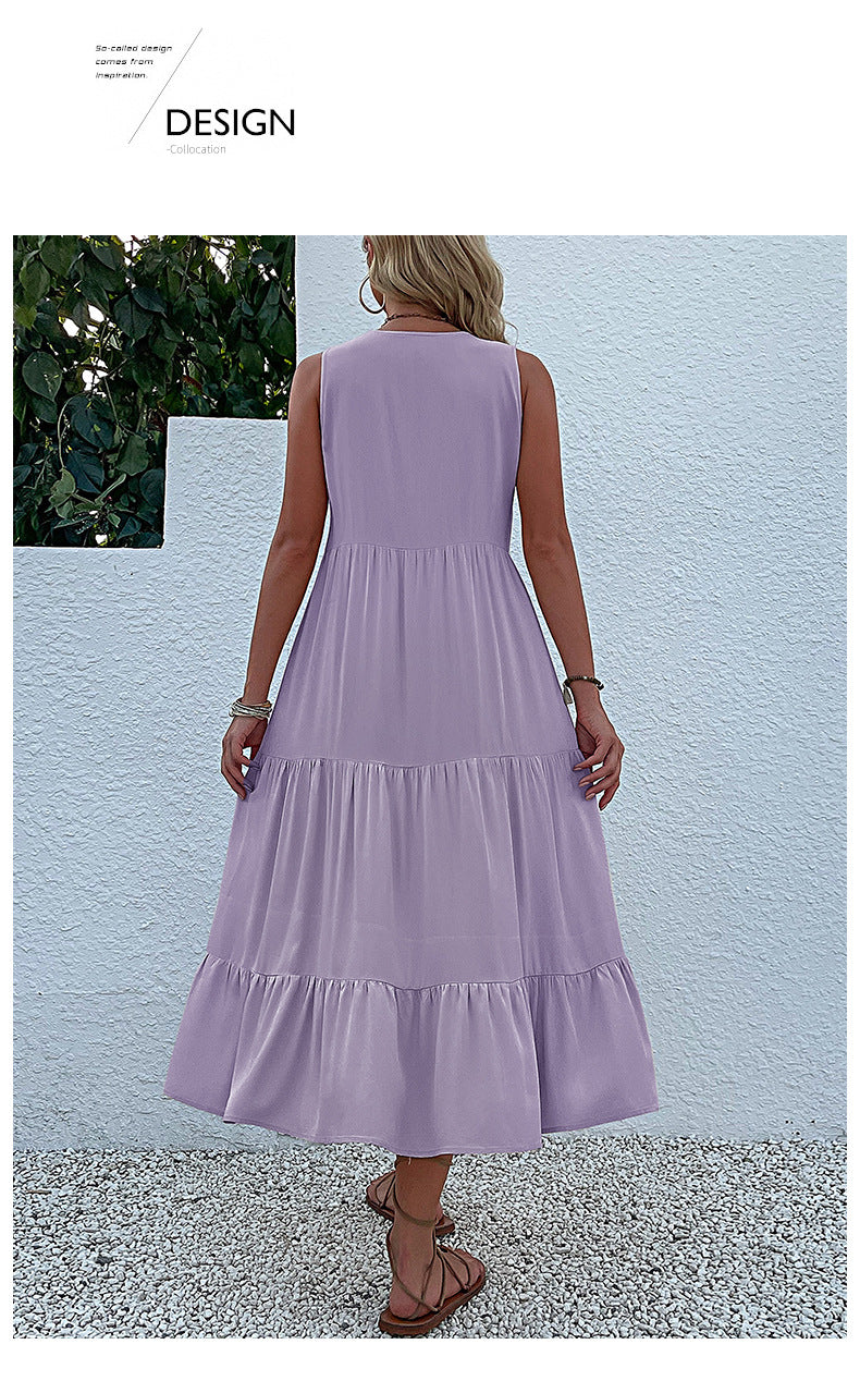 Summer Flowy Maxi Dress with Pockets Sleeveless Loose Casual Sundress V-Neck Tiered Sun Dress for Beach Cruise Vacations