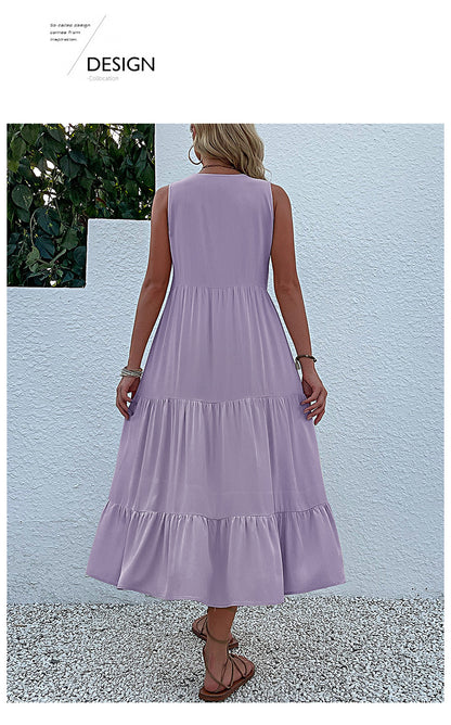 Summer Flowy Maxi Dress with Pockets Sleeveless Loose Casual Sundress V-Neck Tiered Sun Dress for Beach Cruise Vacations