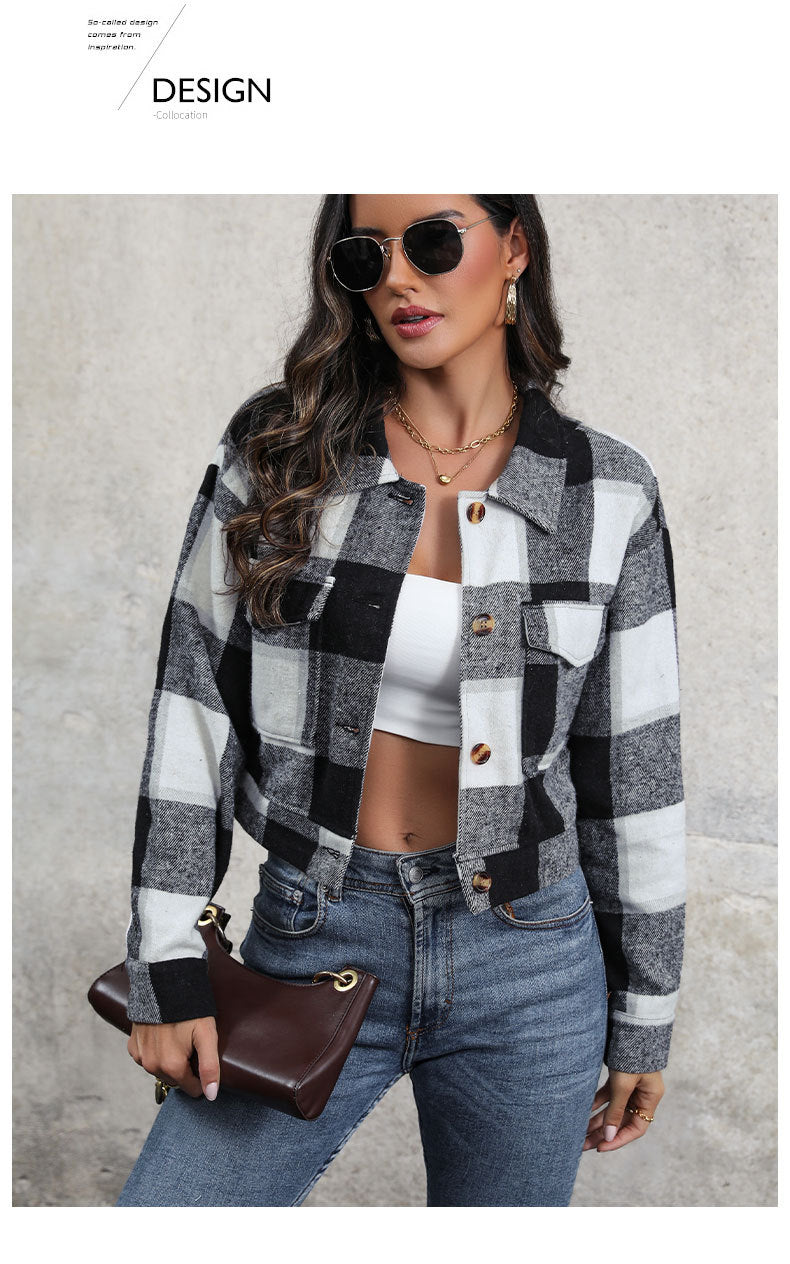 Women's Flannel Cropped Plaid Shacket Jacket Button Down Long Sleeve Shirts Tops