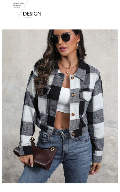 Women's Flannel Cropped Plaid Shacket Jacket Button Down Long Sleeve Shirts Tops
