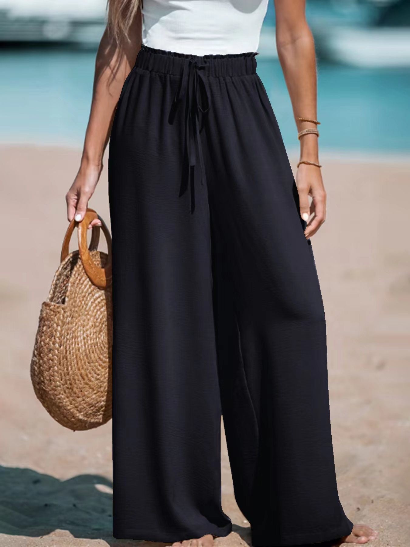 Women Wide Leg Pants High Waisted Trousers Linen Palazzo Lounge Beach Cover Ups Flowy Pants - Seldom Seen Styles
