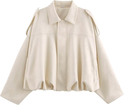 Women's Faux Suede Bomber Jacket Spring Lapel Pilot Coat Casual Oversized Long Sleeves Trendy Streetwear Outerwear