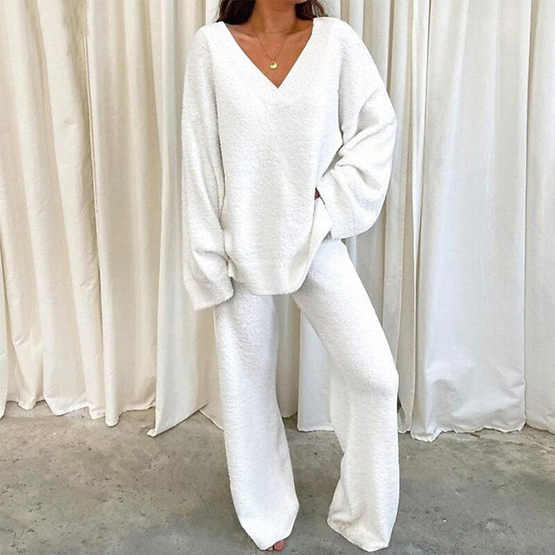 Women's Casual 2-Piece Lounge Set Soft Chunky V Neck Tops Wide Leg Long Pants Basic Tracksuit Lounge Wear Minimalist Womenswear - Seldom Seen Styles