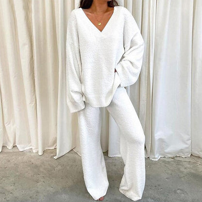 Women's Casual 2-Piece Lounge Set Soft Chunky V Neck Tops Wide Leg Long Pants Basic Tracksuit Lounge Wear Minimalist Womenswear - Seldom Seen Styles