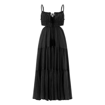 Summer Women Flowy Long Dress Spaghetti Strap Cut Out Backless Ruffle A-Line Dress Bohemian Party Holiday Casual Sundress