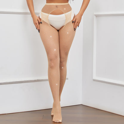 Sexy Fishnet Stockings with Rhinestones, Four-Sided Open Crotch, No-Need-to-Take-Off, Small Mesh Pantyhose, Hollow Out, Fine Mesh, Dense Base Layer, Women's Nightwear - Seldom Seen Styles