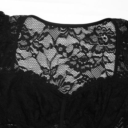 Women's Lace Long Sleeve Corset Bodysuit Tops Sheer Mesh V neck Jumpsuit