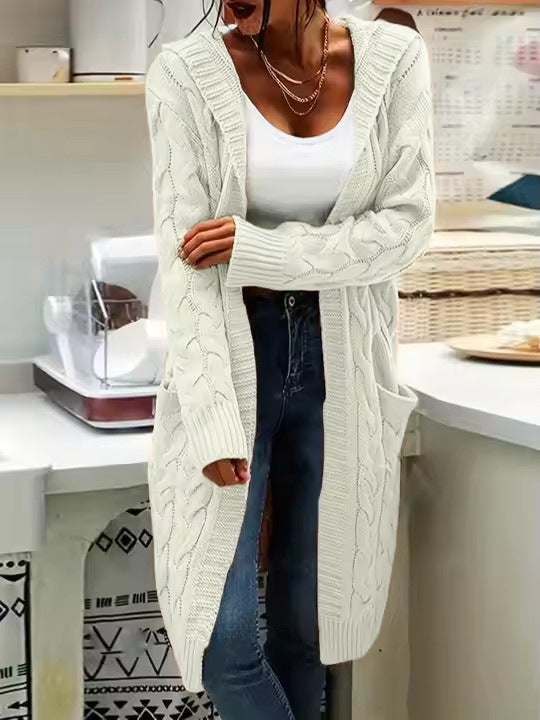Women's Pocket Drop Shoulder Cardigan, Hooded Long Sleeve Warm Top, Casual Textured Knit Open Front Cable Outwear, Sweaters for Women - Seldom Seen Styles