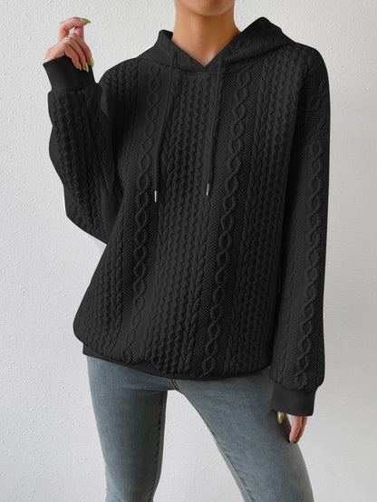 Cable Textured Drop Shoulder Drawstring Hoodie - Seldom Seen Styles