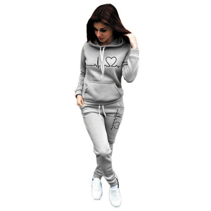 Two-Piece Set Women's Heart Print Raglan Sleeve Hoodie & Drawstring Waist Sweatpants Set, Casual Long Sleeve Hooded Pullover & Pocket Jogger Pants, Women's Fall & Winter Clothes, Holiday Outfits, Soft Clothes - Seldom Seen Styles