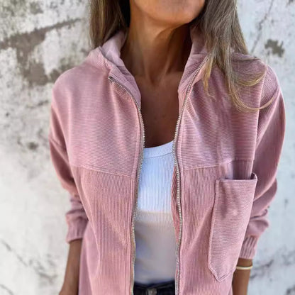 Corduroy Drawstring Hooded Pocket Zip Up Jacket Loose Shacket Coat - Seldom Seen Styles