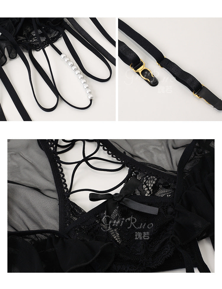 Gorgeous Sexy Mesh Slim-Fit Tie-Up Bodysuit Open-Crotch Temptation Pure Desire Erotic Lingerie Uniform Set - Seldom Seen Styles