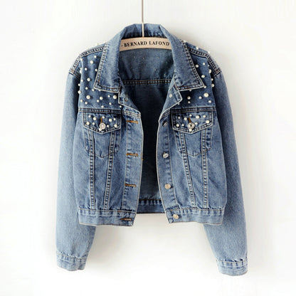 Women's Fashion Loose Embroidered Pearls Beading Cropped Denim Jacket Jean Coat - Seldom Seen Styles
