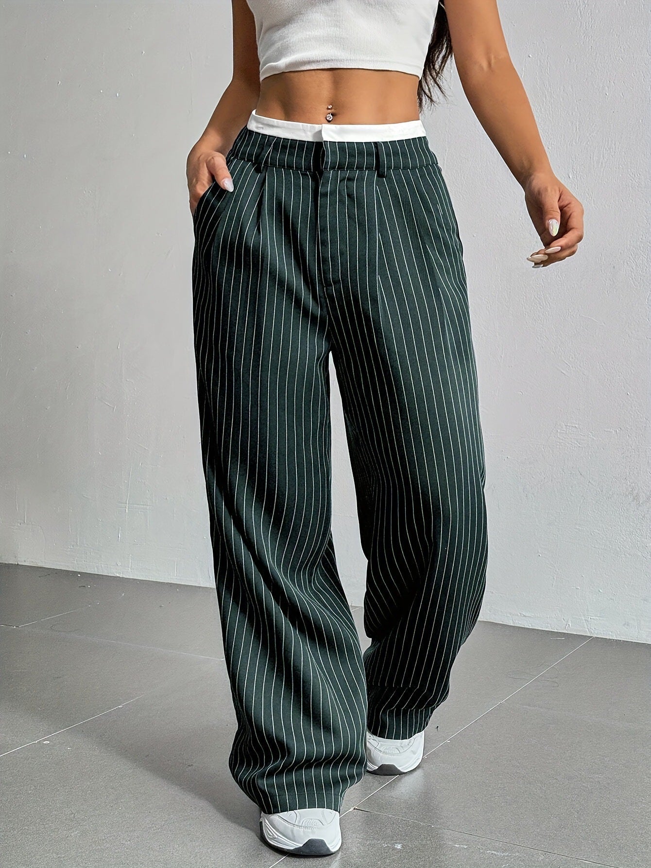 Women's Striped Pants Color Block High Waisted Wide Leg Casual Work Office Long Trousers - Seldom Seen Styles