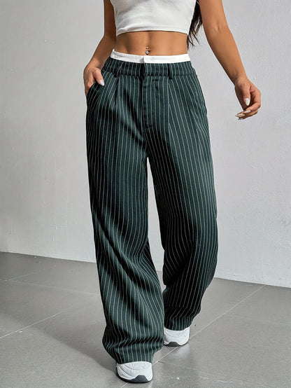 Women's Striped Pants Color Block High Waisted Wide Leg Casual Work Office Long Trousers - Seldom Seen Styles