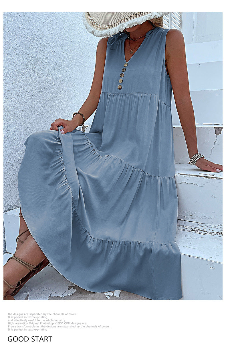 Summer Flowy Maxi Dress with Pockets Sleeveless Loose Casual Sundress V-Neck Tiered Sun Dress for Beach Cruise Vacations