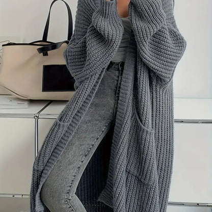 Women's Solid Drop Shoulder Long Cardigan, Casual Pocket Longsleeves Cardigan, Ladies Knitwear for Spring & Fall Daily Wear, Sweaters for Women, Knitting Womenswear - Seldom Seen Styles