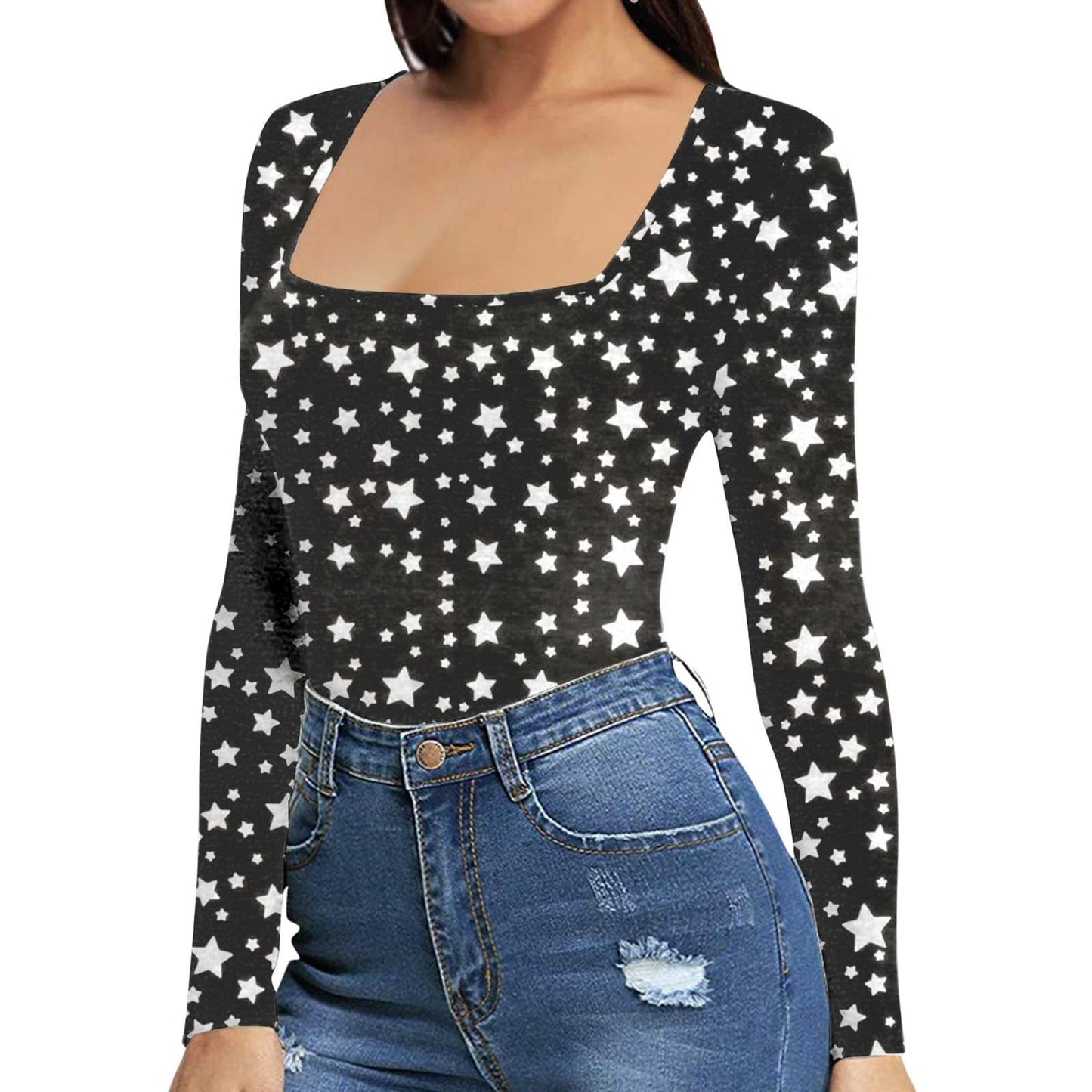 Women's Sexy Square Neck Bodysuit Long Sleeve Double Lined Shirt Tops