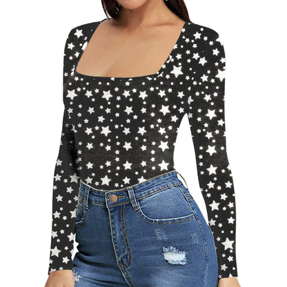 Women's Sexy Square Neck Bodysuit Long Sleeve Double Lined Shirt Tops