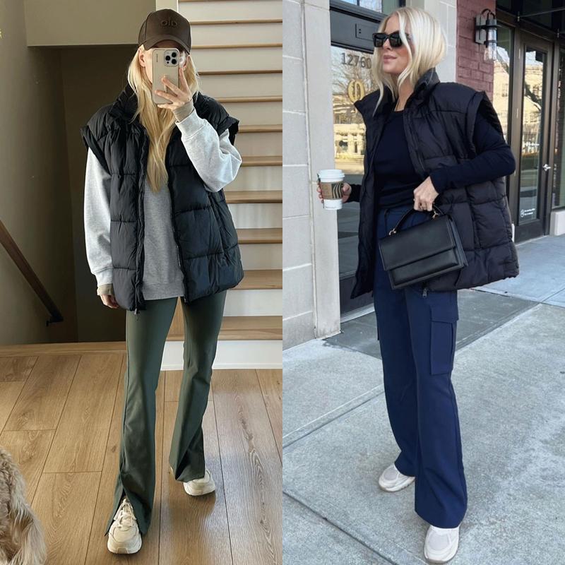 Women's Winter Oversized Puffer Vest Lightweight Stand Collar Flysleeve Insulated Padded Puffy Jackets Coat with Pockets Outerwear Casual Zipper Tops Black Fitted Minimalist FallFreshness - Seldom Seen Styles