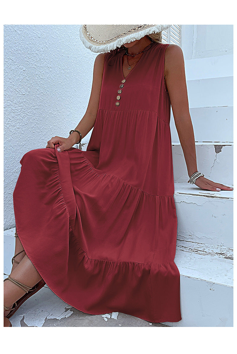 Summer Flowy Maxi Dress with Pockets Sleeveless Loose Casual Sundress V-Neck Tiered Sun Dress for Beach Cruise Vacations