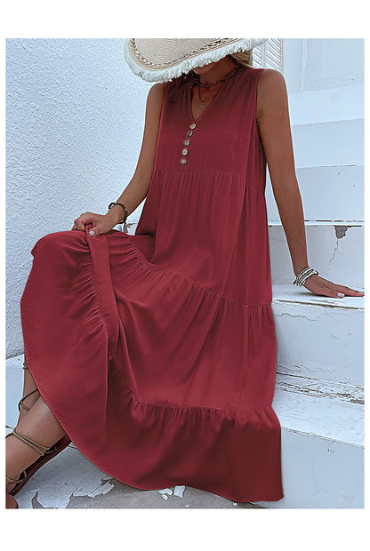 Summer Flowy Maxi Dress with Pockets Sleeveless Loose Casual Sundress V-Neck Tiered Sun Dress for Beach Cruise Vacations