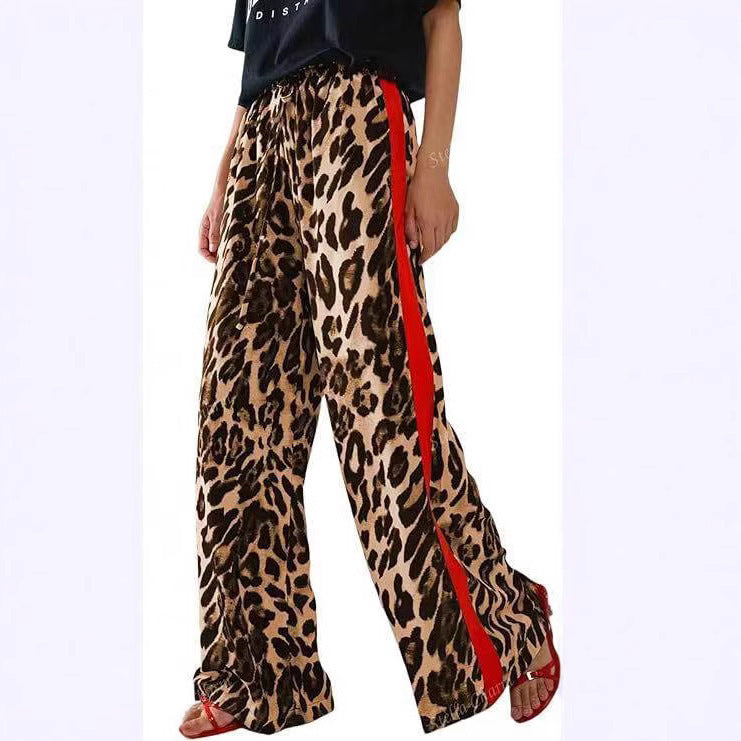 Women's Casual Pants Drawstring Leopard Print Color Block Side Striped Straight Leg Wide Leg Loose Pants - Seldom Seen Styles
