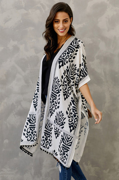 Seaside Resort Cardigan Printed Pompom Kimono - Seldom Seen Styles