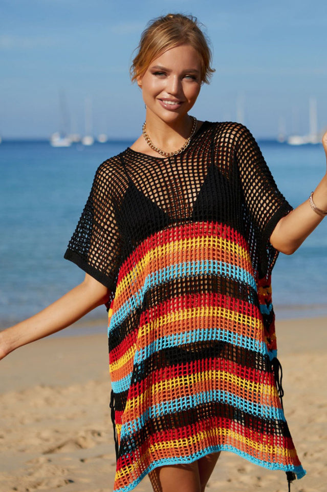 Rainbow Stripe Openwork Slit Cover Up - Seldom Seen Styles