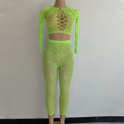 Sexy Lingerie Foreign Trade Long Sleeve Bodycon Dress Short Skirt Hollow Out Backless Mesh Bodysuit