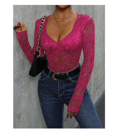 Women's Sheer Floral Lace V Neck Bodysuit Long Sleeve Slim Fit Jumpsuits