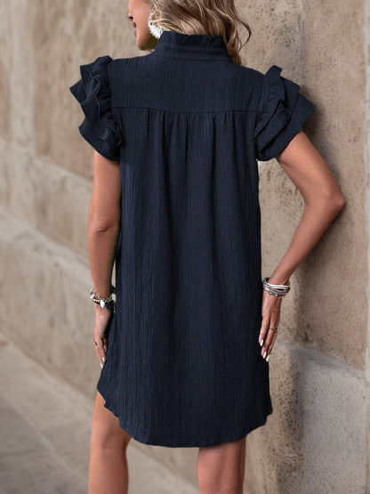 Women's Cap Sleeve Ruffle Trim Mini Dress Ruched Notched Neck Casual Basic Straight Dresses