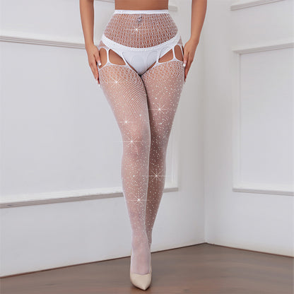 Sexy Lingerie with Rhinestones, Four-Sided Open Crotch Stockings, Garter Bikini Set, Fishnet Tights, Base Stockings W48 - Seldom Seen Styles